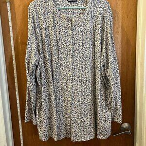 🐻Size 3X(24/26W) - Lands' End - White and Blue Floral Long Sleeve Knit Button-D